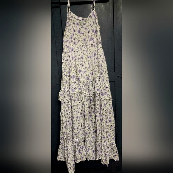 Olivaceous - Floral Tiered Lilac Print Swiss Dots Rayon Maxi Dress- Size M - Picture 2 of 8